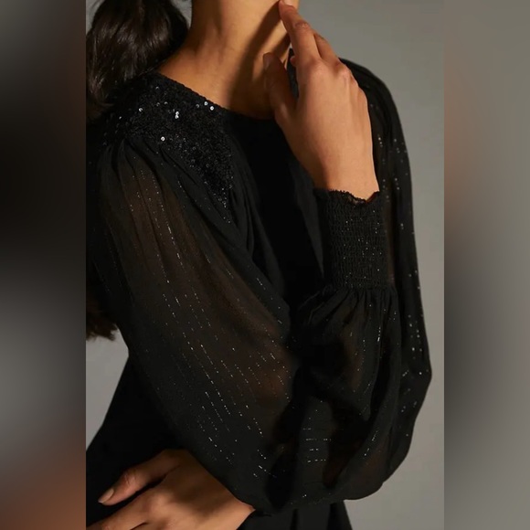 Anthropologie Bl-nk Top Sequin Embellished Blouse M NWT Black Shimmering - Picture 3 of 7